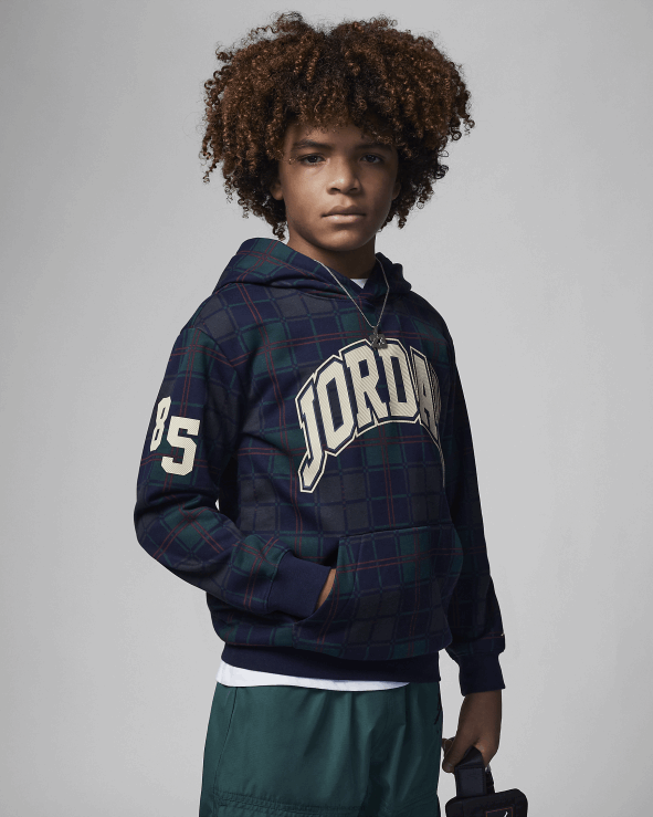 Black V26J4692 Brooklyn Fleece Plaid Pullover Hoodie Kids Air Jordan