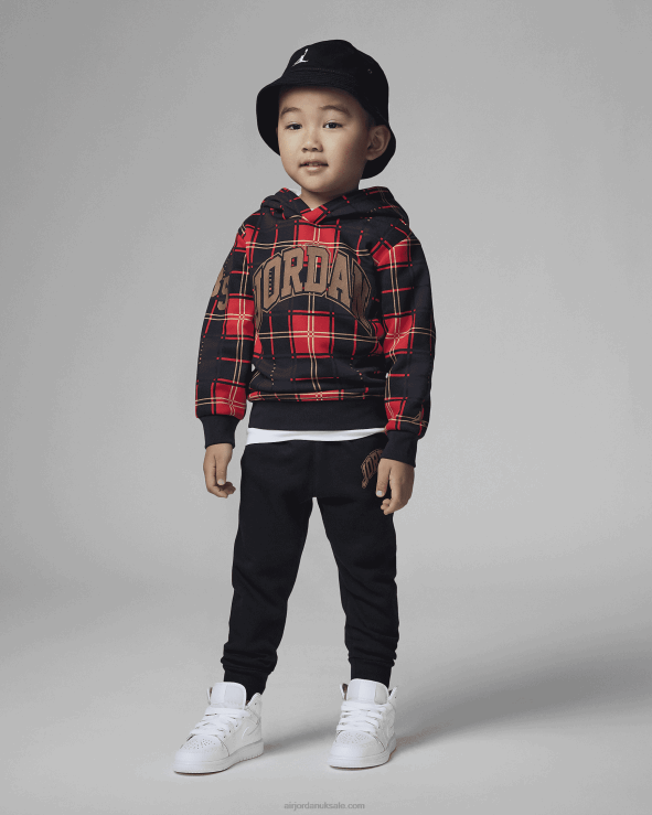 Black V26J41086 Brooklyn Fleece Plaid Hoodie And Joggers Set Kids Air Jordan